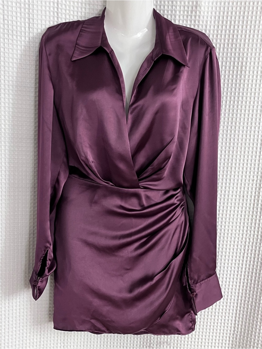 Zara Plum Satin Wrap-Style long sleeve dress size small
